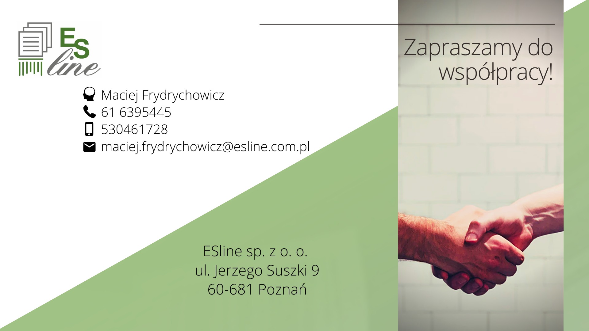 Grafika reklamowa firmy ESline: logo, dane kontaktowe i hasło 'Zapraszamy do współpracy!' z uściskiem dłoni na tle białych płytek.