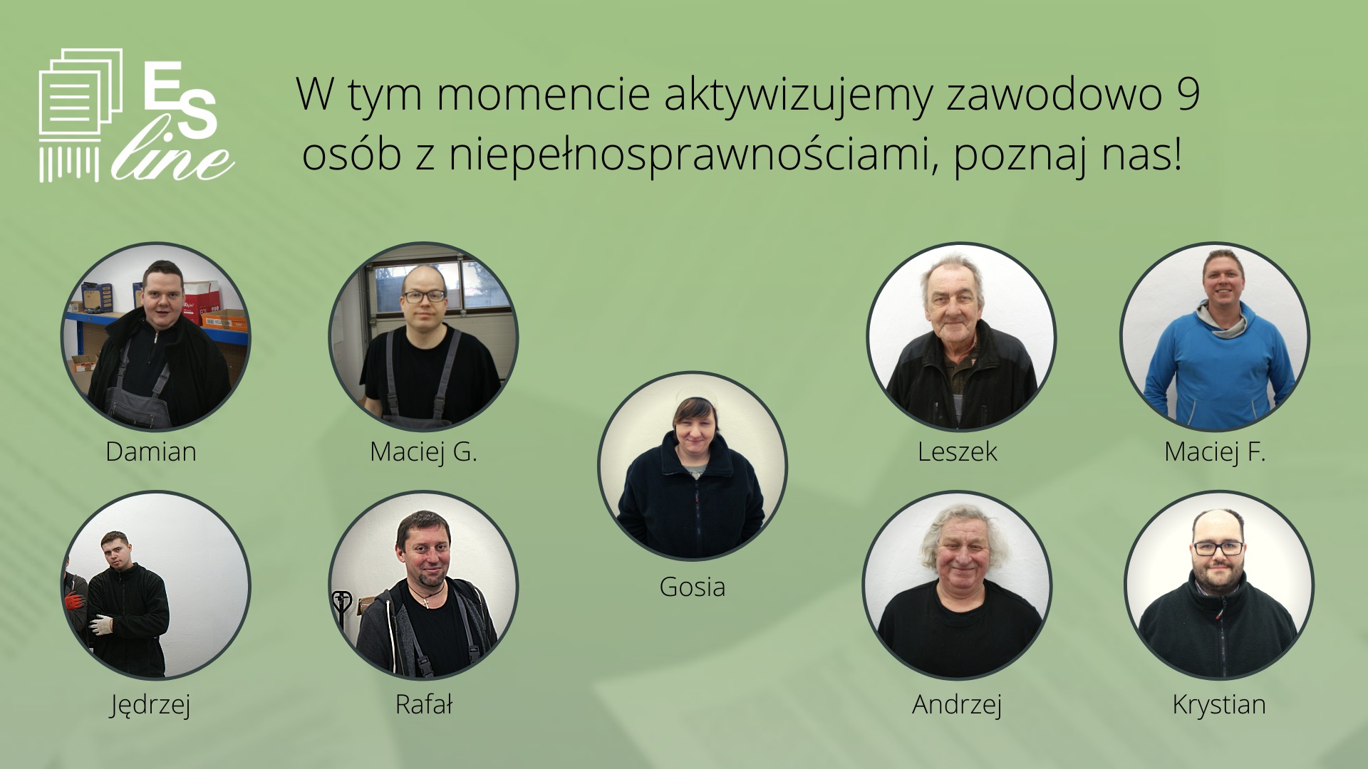 Zdjęcie przedstawia kolaż portretów dziewięciu osób, pracowników firmy o nazwie Es Line, z informacją o aktywizacji zawodowej osób z niepełnosprawnościami.