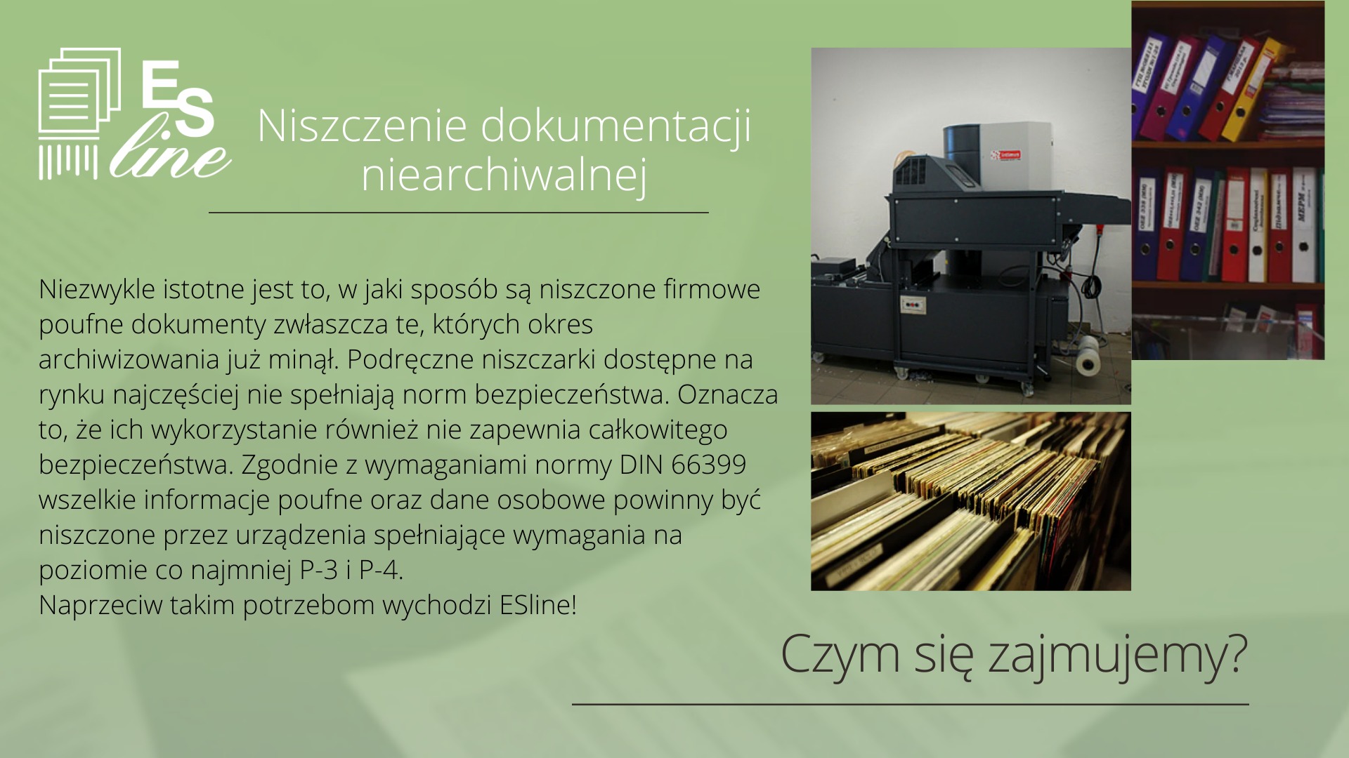 Kompozycja graficzna przedstawiająca urządzenie do niszczenia dokumentów przemysłowych, regał z segregatorami oraz rzędy teczek, z tekstem informacyjnym o bezpiecznym niszczeniu dokumentacji...