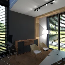 Wizualizacja nowoczesnego biura z dużymi oknami z żaluzjami, biurkiem z szklanym blatem i czarnym krzesłem biurowym, szara ściana, drewniana komoda, dwie jasne krzesła i biała sofa.