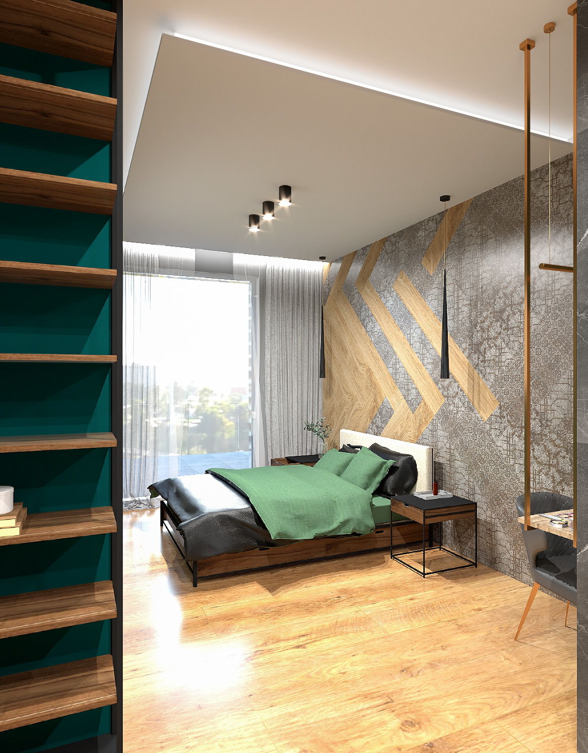 Wizualizacja sypialni z drewnianą podłogą, łóżkiem z zieloną pościelą i wzorzystą ścianą za nim, oświetlona wiszącymi lampami i punktowymi reflektorami sufitowymi.