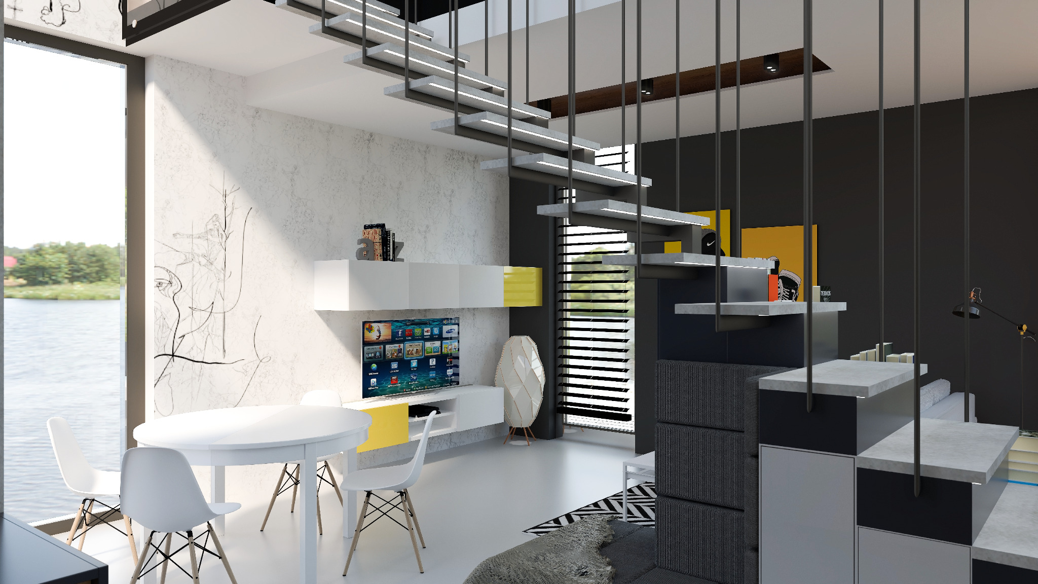 Nowoczesne wnętrze z betonową ścianą, białym stołem i krzesłami, wiszącą szafką RTV z żółtymi akcentami oraz schodami z podświetleniem LED.