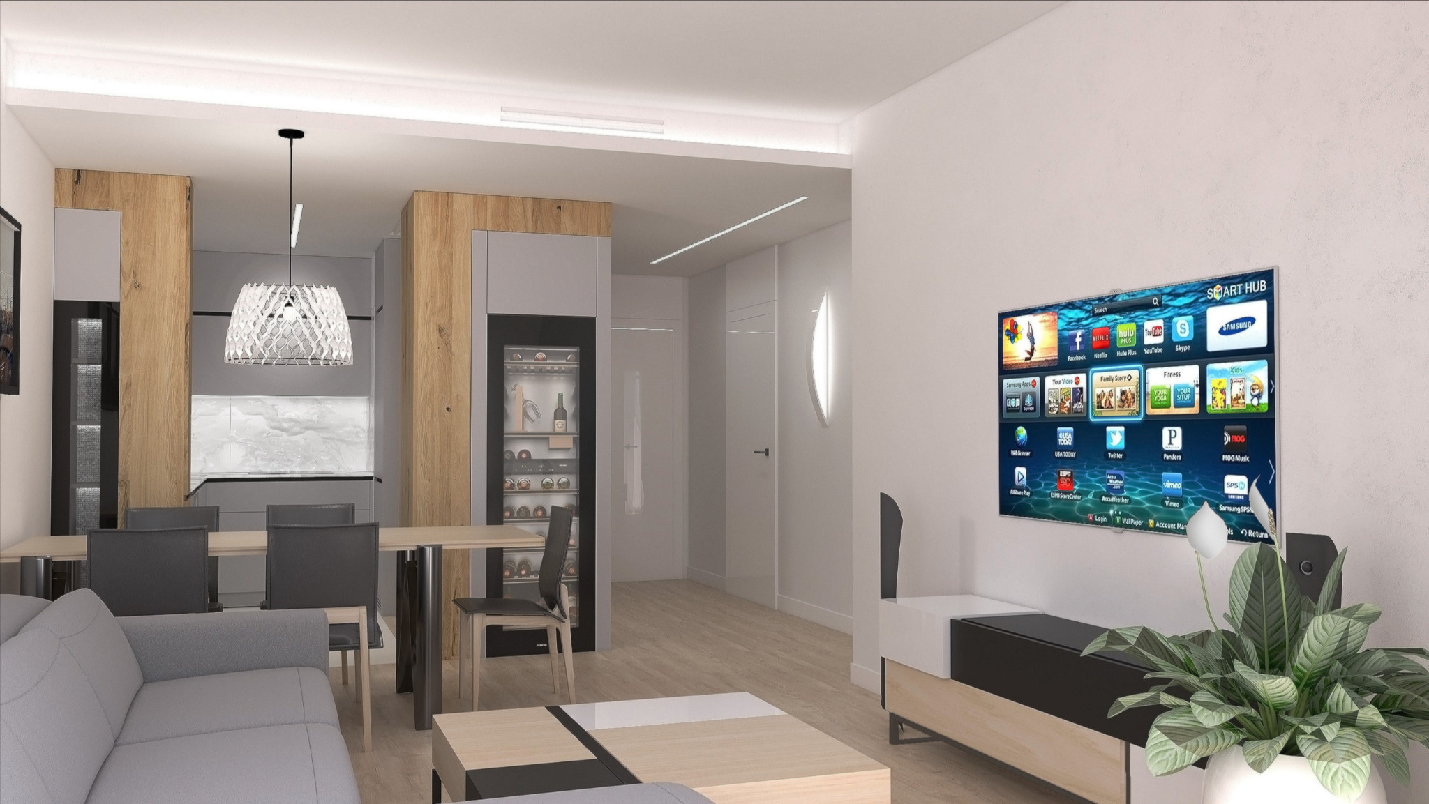 Wizualizacja nowoczesnego salonu z otwartą kuchnią, szare meble, drewniane akcenty, telewizor Smart Hub na ścianie, biały kwiat w doniczce, designerska lampa wisząca nad stołem.