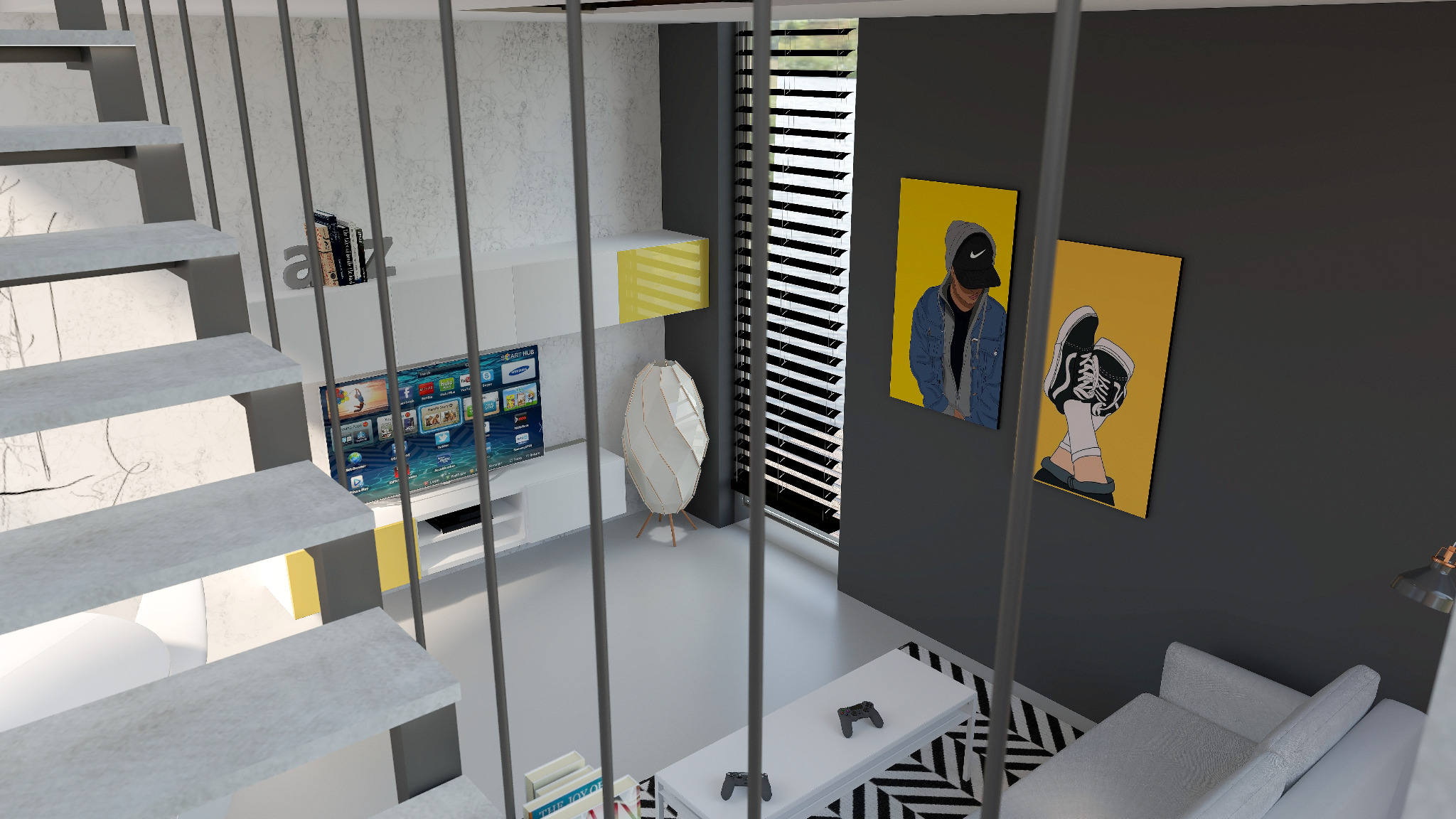 Wysoki kąt widzenia na nowoczesny salon z antresolą, betonowe schody z metalowymi barierkami, biała szafka RTV z telewizorem, dekoracyjna lampa, grafiki na ścianie, biały stolik kawowy...