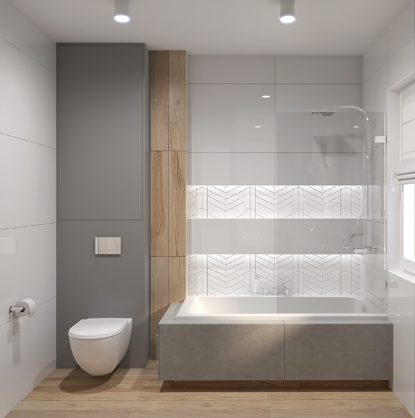 Nowoczesna łazienka z wanną obudowaną szarą zabudową, toaletą podwieszaną, drewnianą okładziną ścienną i białymi płytkami z wzorem w jodełkę.