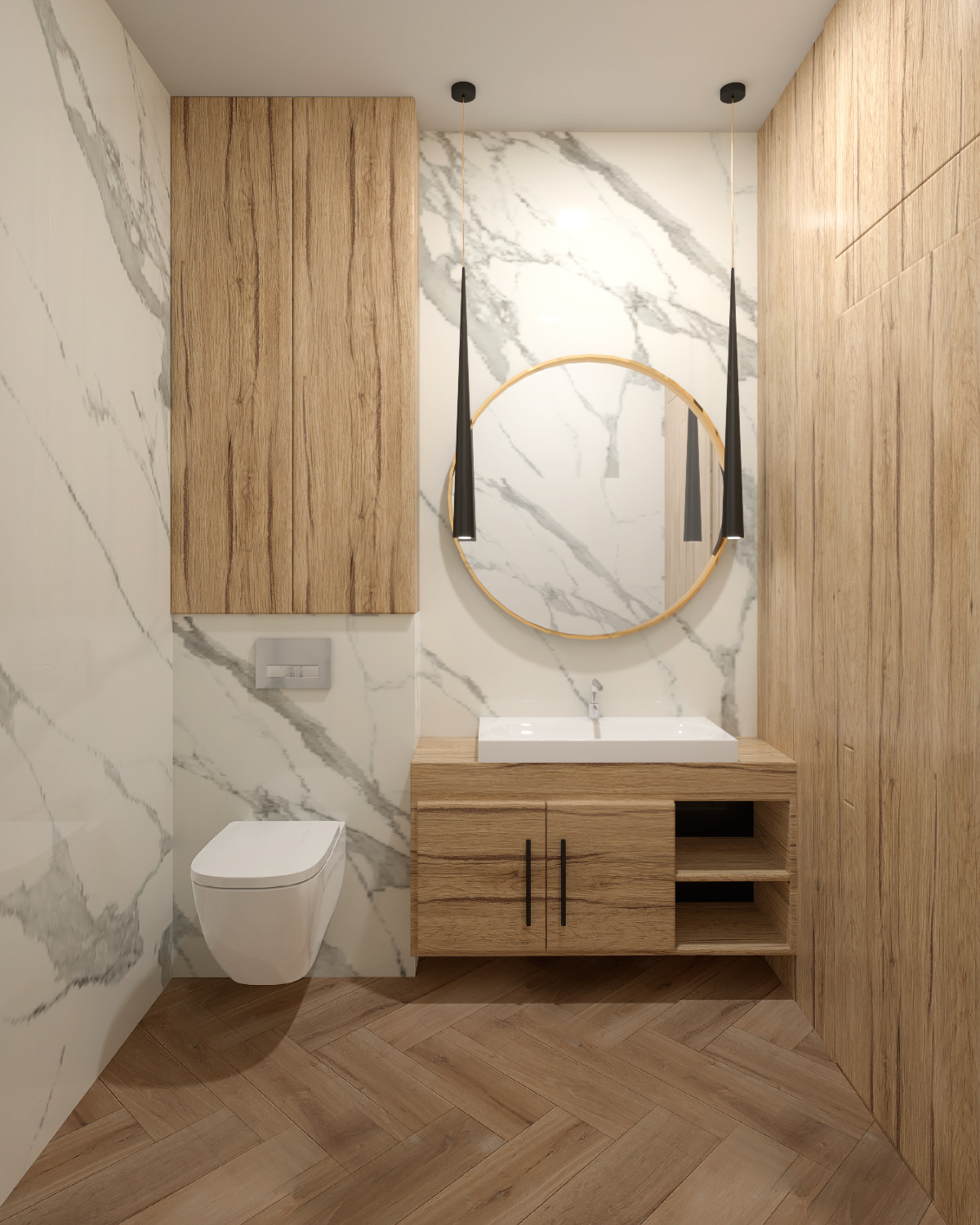 Nowoczesna łazienka z marmurową ścianą, drewnianymi akcentami i okrągłym lustrem podświetlonym przez smukłe, czarne lampy zwisające z sufitu. Umywalka nablatowa na szafce z drewnianymi frontami.