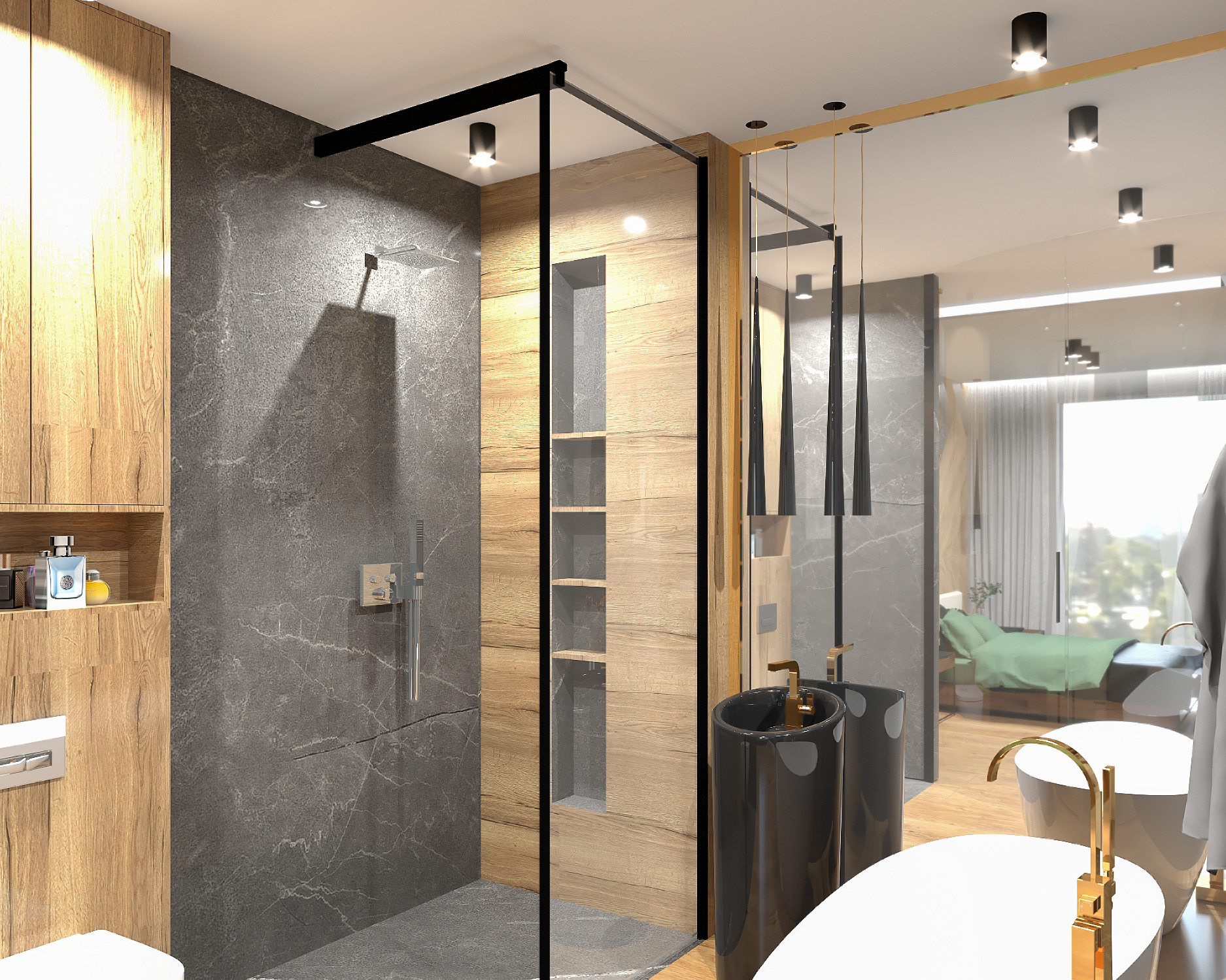 Wizualizacja łazienki z kabiną prysznicową typu walk-in, umywalką na postumencie i wolnostojącą wanną, wykończona drewnem i szarym marmurem, z elementami złota.