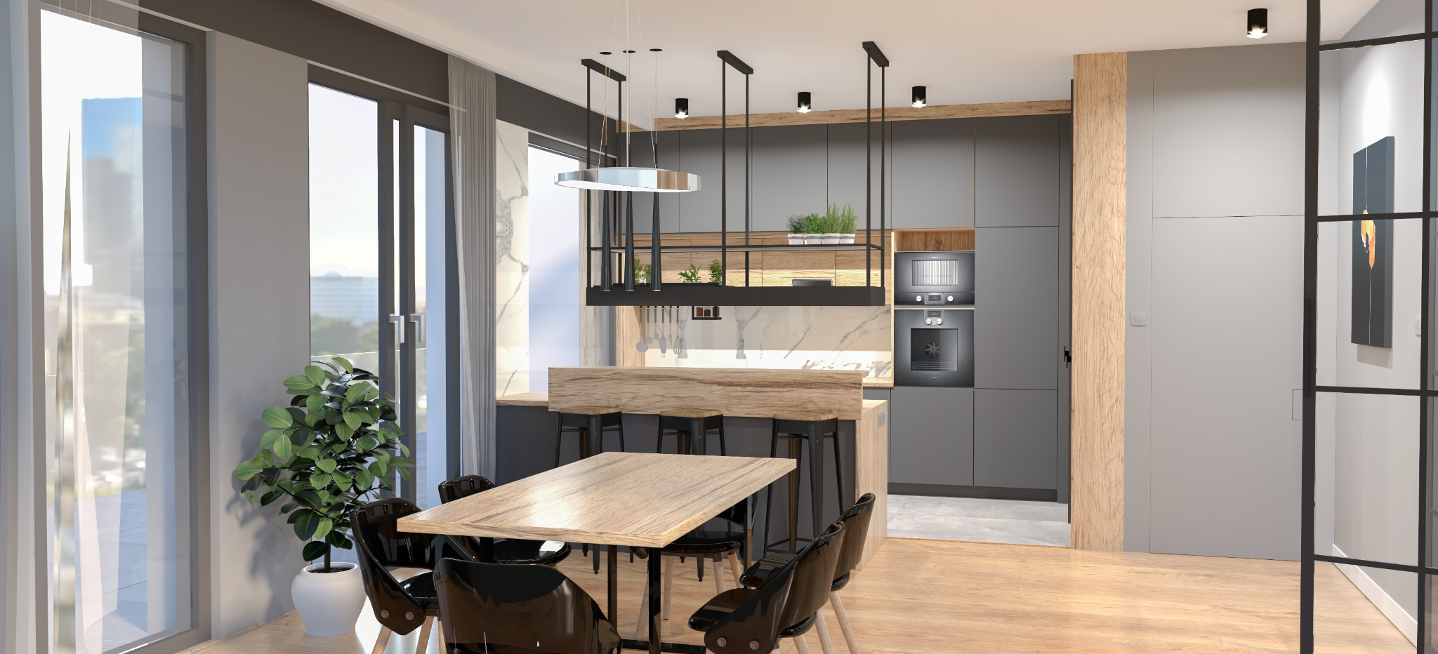 Wizualizacja nowoczesnej kuchni z jadalnią: szare szafki, drewniany blat, stół z czarnymi krzesłami, wisząca lampa z półką na zioła, marmurowa ściana, duży kwiat doniczkowy przy oknie.