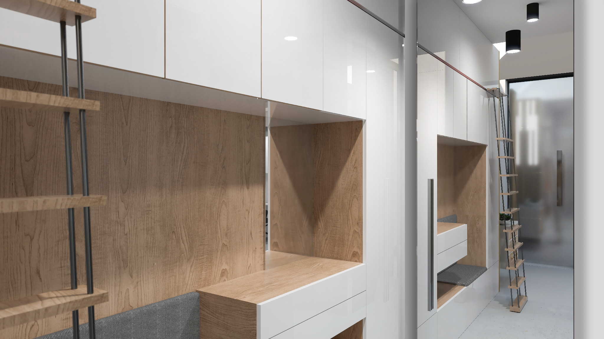 Nowoczesna aranżacja garderoby z białymi szafami na wysoki połysk, drewnianymi wnękami i drabinką dostępową do górnych półek.