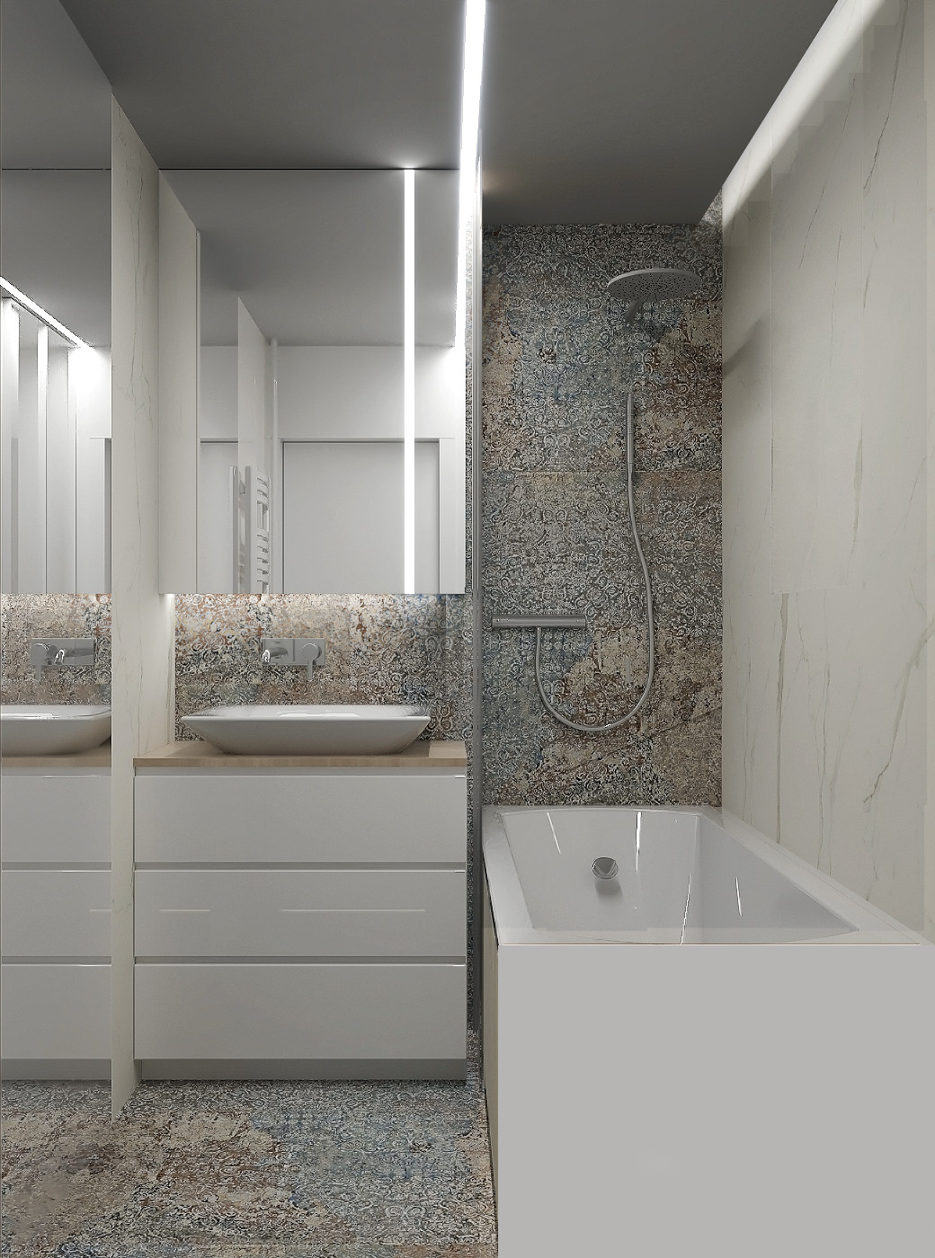 Nowoczesna łazienka z białą wanną, umywalką nablatową i wzorzystą ścianą pod prysznicem, oświetlona listwą LED przy lustrze.