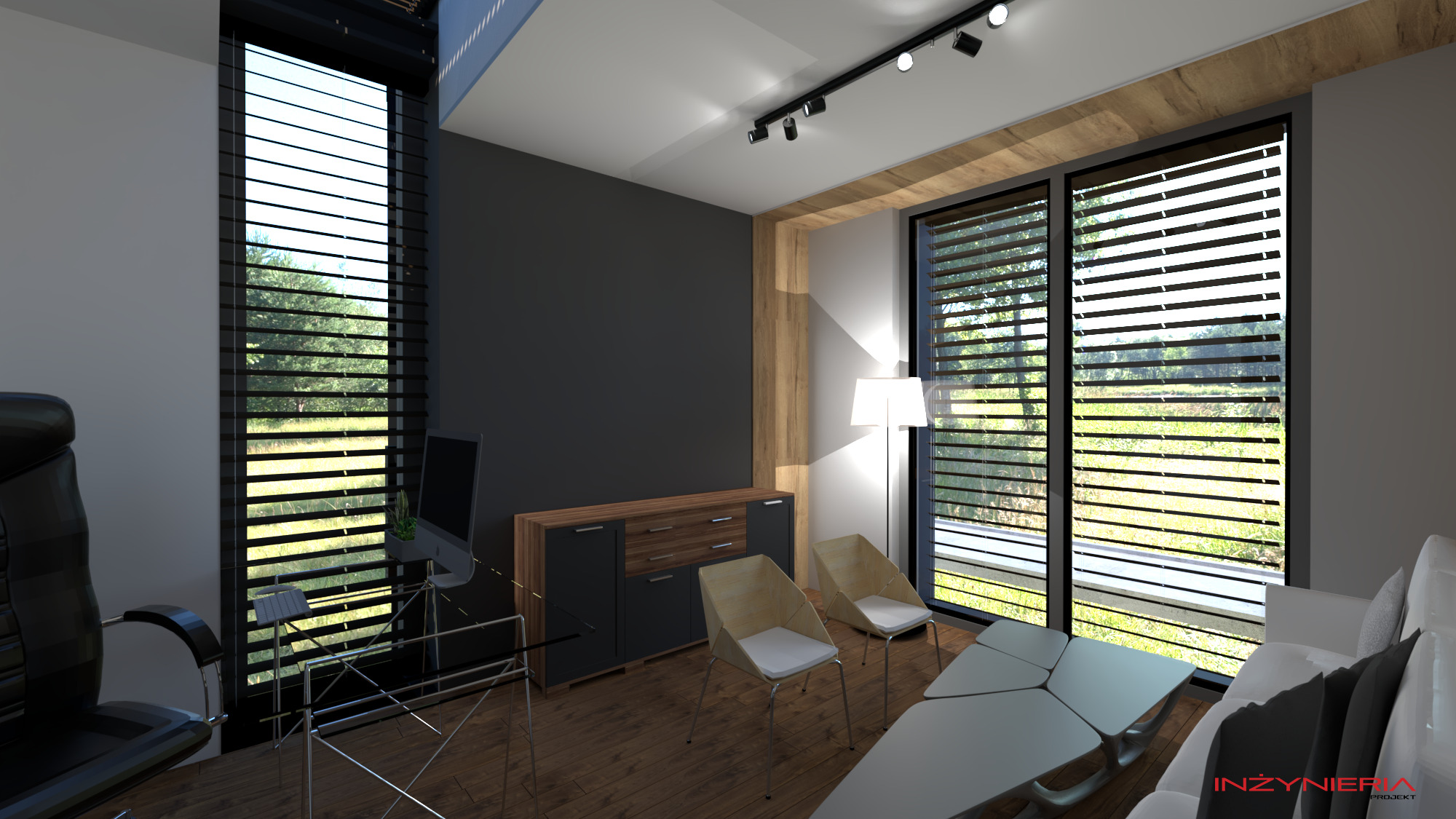 Wizualizacja nowoczesnego biura z dużymi oknami z żaluzjami, biurkiem z szklanym blatem i czarnym krzesłem biurowym, szara ściana, drewniana komoda, dwie jasne krzesła i biała sofa.