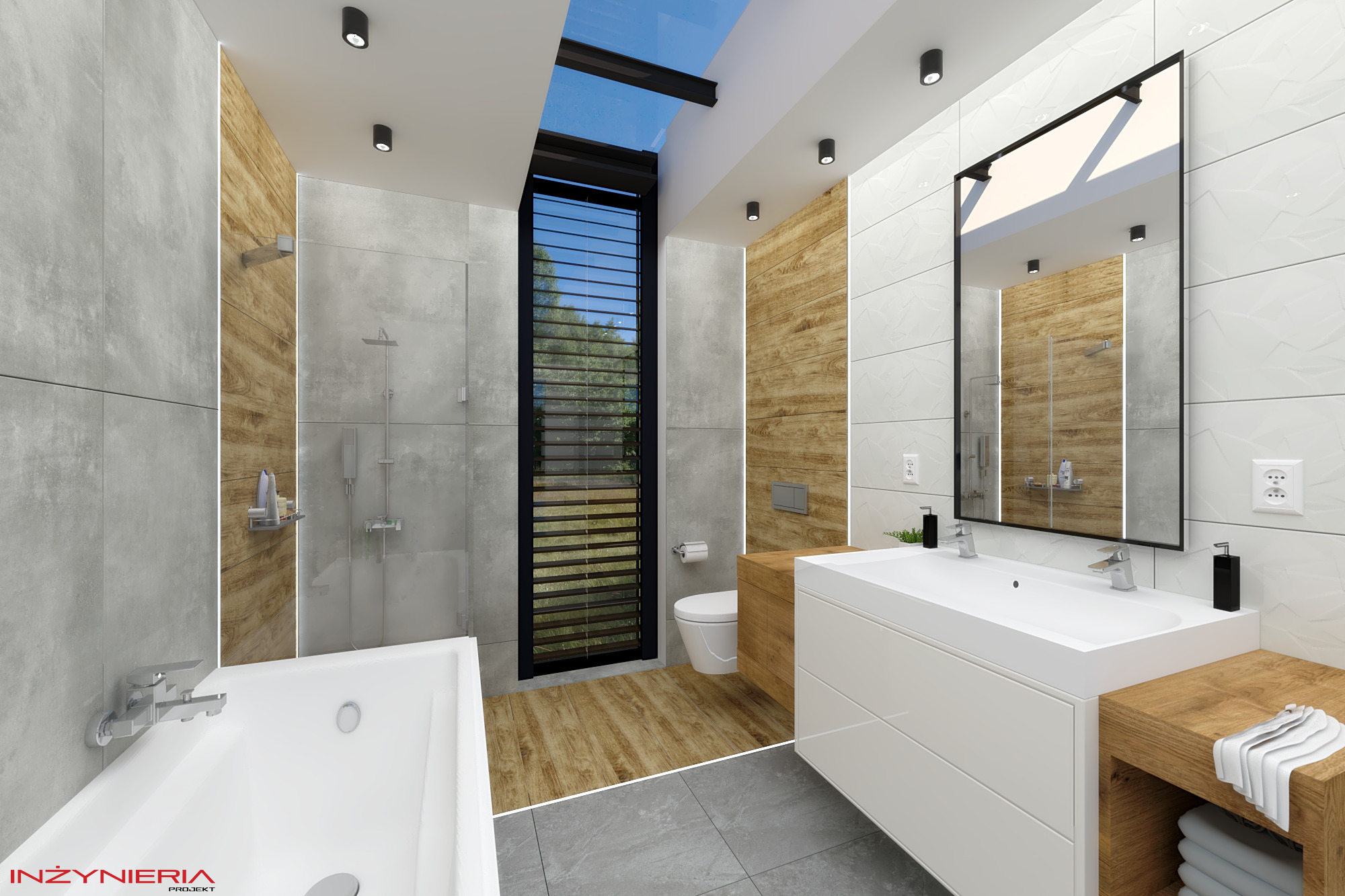 Wizualizacja nowoczesnej łazienki z oknem dachowym, drewnianymi i betonowymi płytkami, białą wanną i umywalką z szafką, minimalistycznym lustrem oraz widokiem na zieleń za oknem.