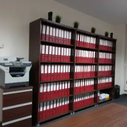 Regał z segregatorami w kolorze czerwonym i białym, z numeracją na grzbiecie, na górze regału dekoracyjne rośliny, obok drukarka Brother na komodzie z szufladami, w tle widoczne rolety okienne.