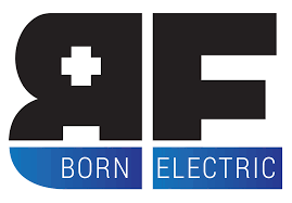 Logo firmy Born Electric: stylizowane litery 'BE' w kolorze czarnym, z białym krzyżem w literze 'B', umieszczone nad niebieskim prostokątem z białym napisem 'BORN ELECTRIC'.