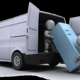 Animowani pracownicy wnoszą niebieską lod&oacute;wkę do białego furgonetki transportowej z otwartymi drzwiami z tyłu, na czarnym tle.