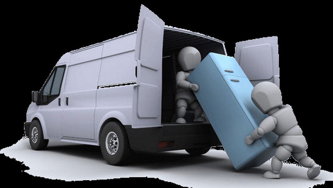 Animowani pracownicy wnoszą niebieską lodówkę do białego furgonetki transportowej z otwartymi drzwiami z tyłu, na czarnym tle.