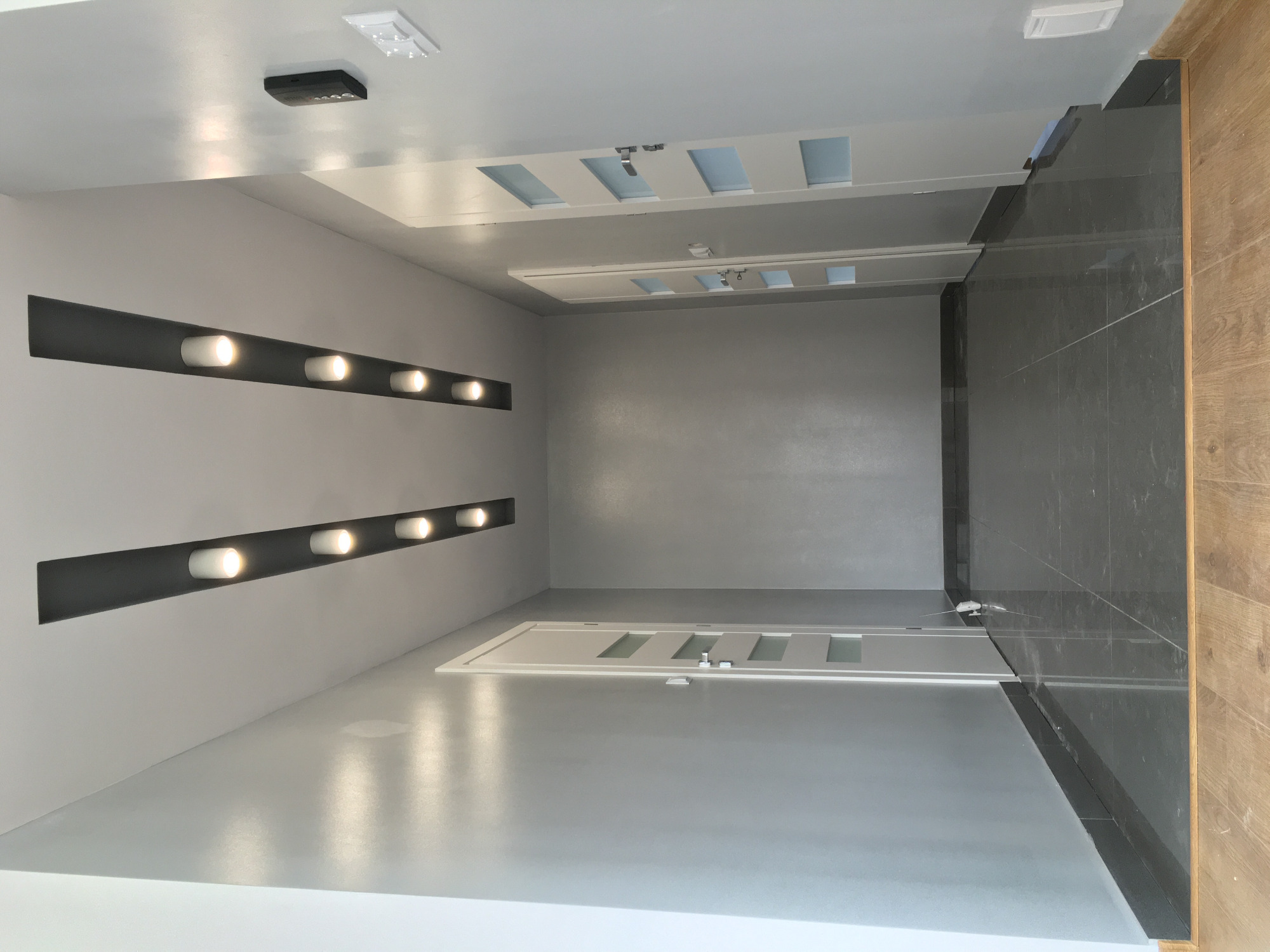 Nowoczesne wnętrze: szara ściana z wbudowanym oświetleniem, białe drzwi z przeszkleniami i ciemna, błyszcząca podłoga przechodząca w drewniany parkiet.