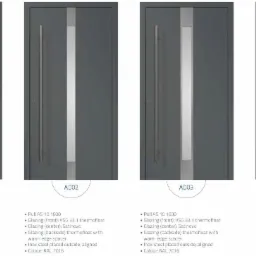 Cztery modele szarych drzwi zewnętrznych z przeszkleniami o różnej konfiguracji i długimi, pionowymi uchwytami, oznaczone AD01, AD02, AD03 i AD04.