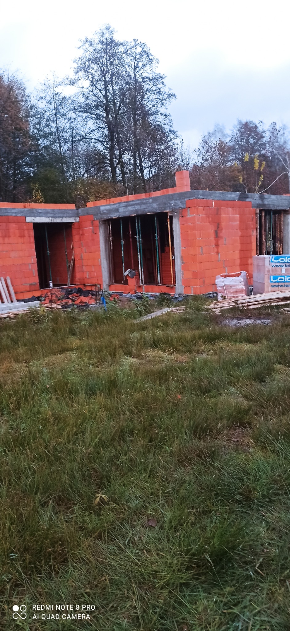 Surowy stan domu z czerwonej cegły, widoczne podpory i betonowe nadproża, otoczenie zarośnięte trawą, pochmurne niebo w tle. Etap budowy.