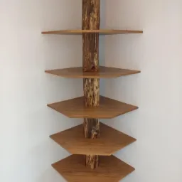 Kątowa półka z drewnianymi, heksagonalnymi blatami osadzonymi na pniu drzewa, w rogu pomieszczenia z parkietem.