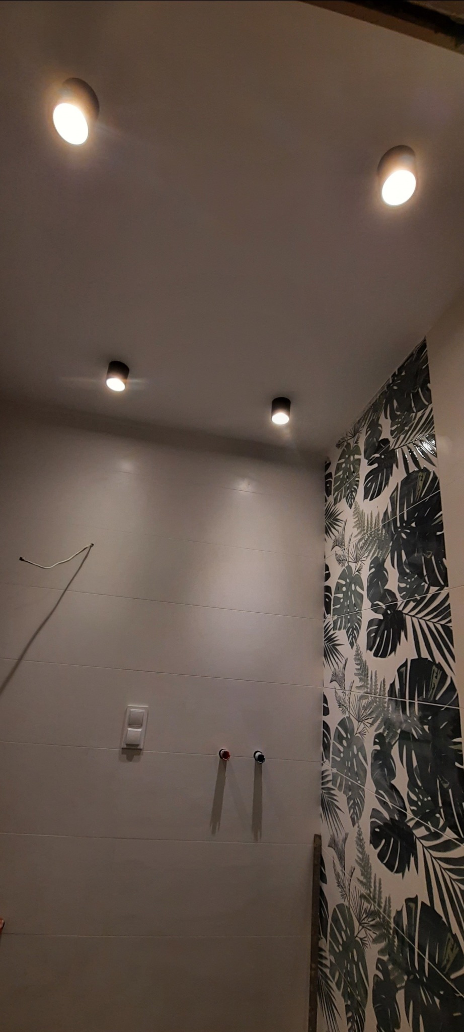 Ściana wyłożona jasnymi, poziomymi płytkami, z widocznymi przyłączami wodnymi i włącznikiem światła; fragment ściany z dekoracyjnymi płytkami w motywy roślinne, oraz oświetlenie sufitowe.