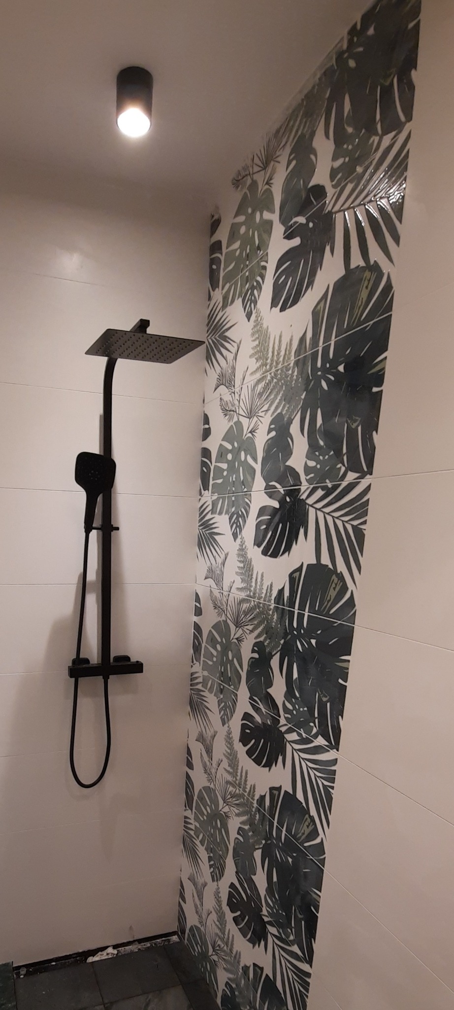 Nowoczesna kabina prysznicowa z czarną armaturą i płytkami z motywem tropikalnych liści na jednej ze ścian.