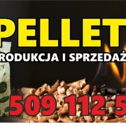 Reklama pelletu: worki z pelletem, dłonie trzymające pellet z kiełkującą rośliną, płomienie ognia, numer telefonu. Produkcja i sprzedaż.