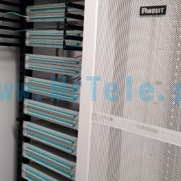 Mr Tele Krzysztof Nowak - Panel krosowniczy Panduit w szafie rack, widoczne porty światłowodowe z niebieskimi wkładkami, czarne uchwyty na kable po lewej stronie.