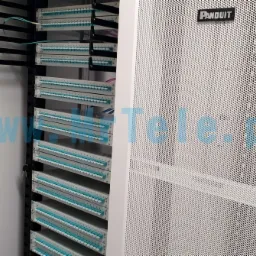 Panel krosowniczy Panduit w szafie rack, widoczne porty światłowodowe z niebieskimi wkładkami, czarne uchwyty na kable po lewej stronie.