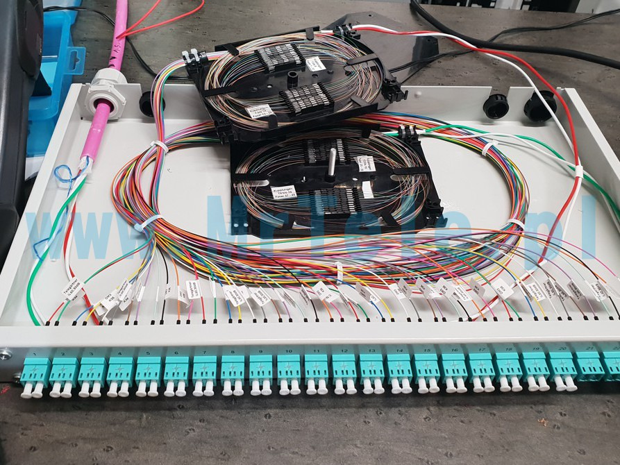Panel światłowodowy z kolorowymi kablami uporządkowanymi wewnątrz obudowy, zakończonymi złączami oznaczonymi etykietami, z dwoma organizerami kabli na górze.