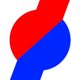 Abstrakcyjne logo: czerwony i niebieski okrąg podzielony ukośnie, z elementami linii na górze i na dole, na czarnym tle.