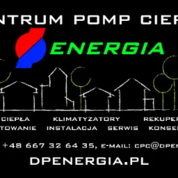 Grafika reklamowa firmy Centrum Pomp Ciepła Energia, przedstawiająca logo z abstrakcyjnym symbolem ciepła i chłodu, stylizowane domy i drzewa, oraz listę usług: pompy ciepła, klimatyzatory...