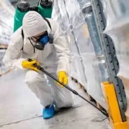 Pracownik w kombinezonie ochronnym i masce, z opryskiwaczem plecakowym, precyzyjnie aplikuje preparat w narożniku magazynu w Zakrzewie. Widoczne palety z towarem w tle.