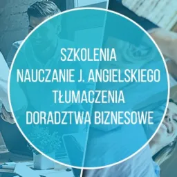 Mozaika zdjęć przedstawiająca zespół pracujący przy laptopie z kubkiem kawy, dyskusję biznesową i grupę osób z podniesionymi kciukami, wszystko w odcieniach błękitu.