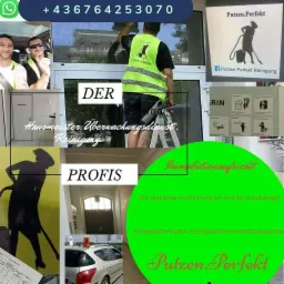 Mozaika zdjęć firmy sprzątającej 'Putzen.Perfekt' z numerem telefonu, logiem, pracownikiem myjącym okno, grafikami informacyjnymi i opisami usług.