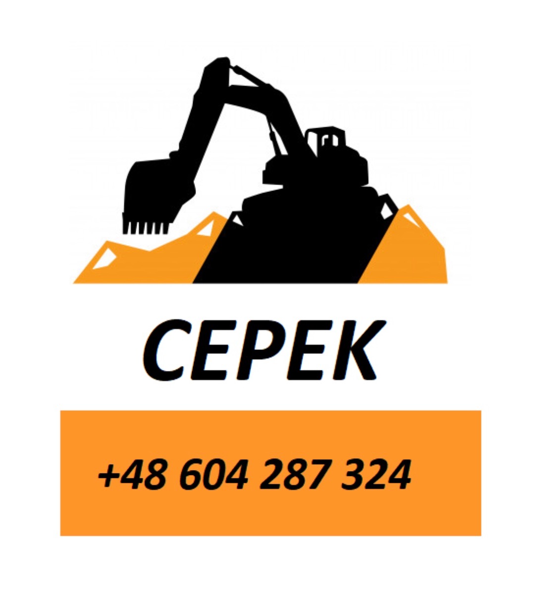 Logo firmy CEPEK z sylwetką koparki na tle pryzm ziemi i numerem telefonu kontaktowym.