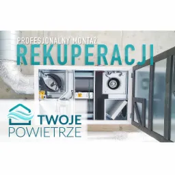 Centrala wentylacyjna z odzyskiem ciepła w obudowie, widoczne wentylatory, filtry i kanały wentylacyjne, obok logo firmy 'Twoje Powietrze' i napis 'Profesjonalny montaż'.