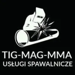 Czarno-biała grafika przedstawiająca schematyczną postać w masce ochronnej spawającą rurę, z widocznymi iskrami, poniżej napis 'TIG-MAG-MMA USŁUGI SPAWALNICZE'.