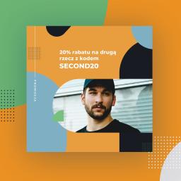 Unicorn design - Grafika promocyjna z mężczyzną w czapce i tekstem '20% rabatu na drugą rzecz z kodem SECOND20', utrzymana w kolorach pomarańczowym, zielonym i niebieskim.