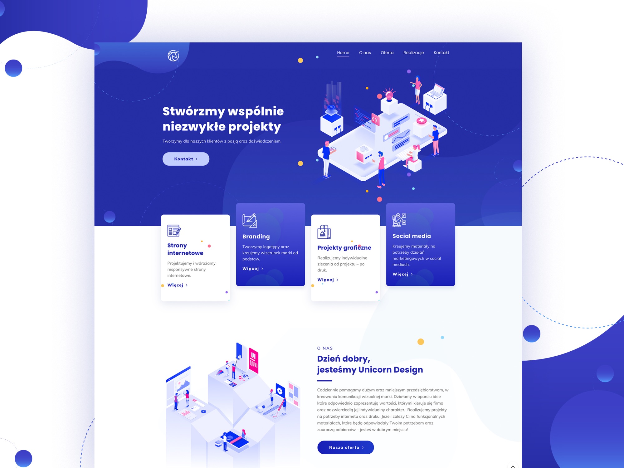 Ilustracja przedstawiająca proces tworzenia strony internetowej z użyciem nowoczesnych technologii i współpracy zespołu, w niebiesko-białej kolorystyce, z elementami graficznymi symbolizującymi...