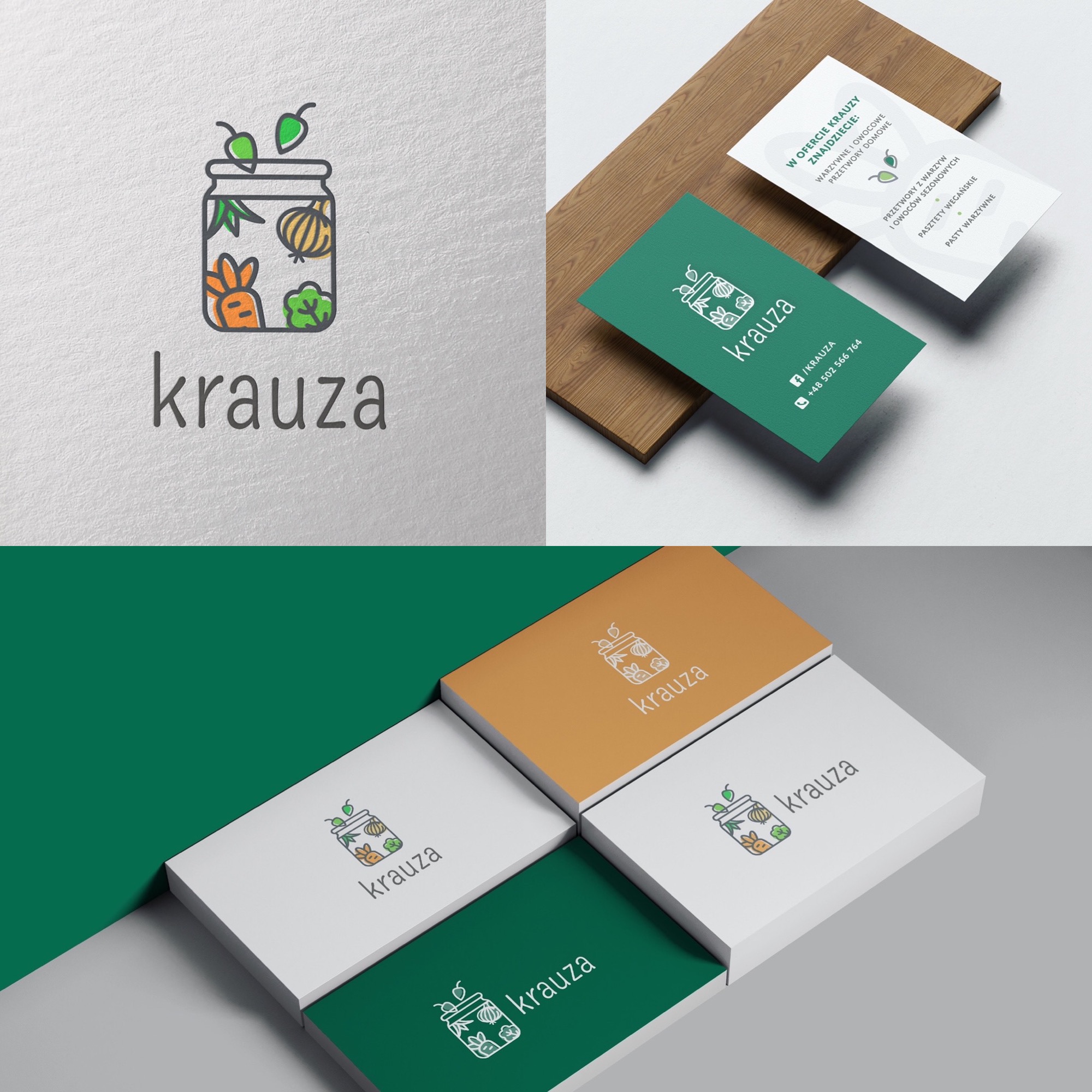 Makieta identyfikacji wizualnej marki Krauza: wizytówki w różnych kolorach i karta z ofertą przetworów warzywnych i owocowych, z logo przedstawiającym słoik z warzywami.