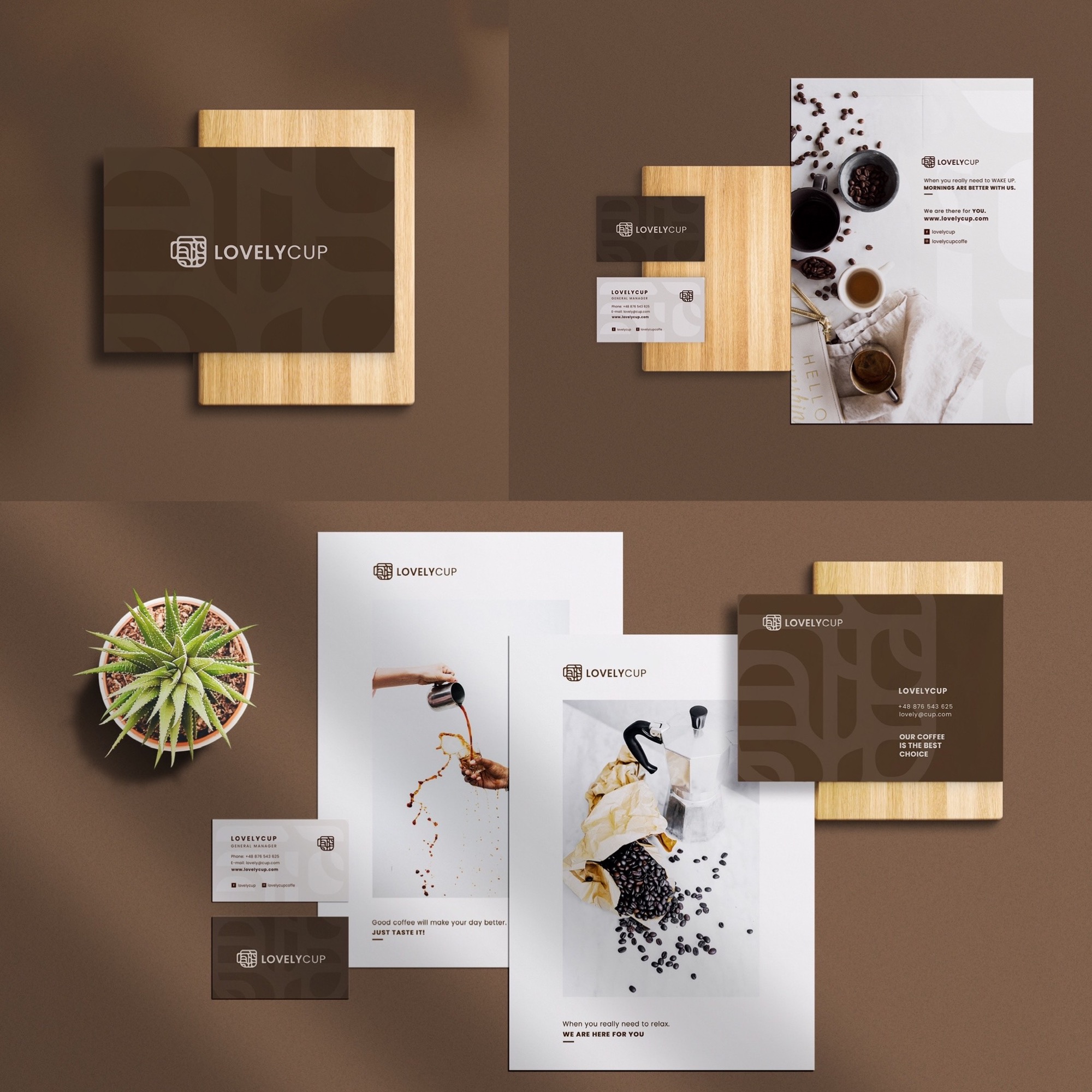 Prezentacja identyfikacji wizualnej marki kawowej: wizytówki, ulotki z motywem kawy, logo Lovelycup, ustawione na brązowym tle z drewnianymi elementami i rośliną doniczkową.