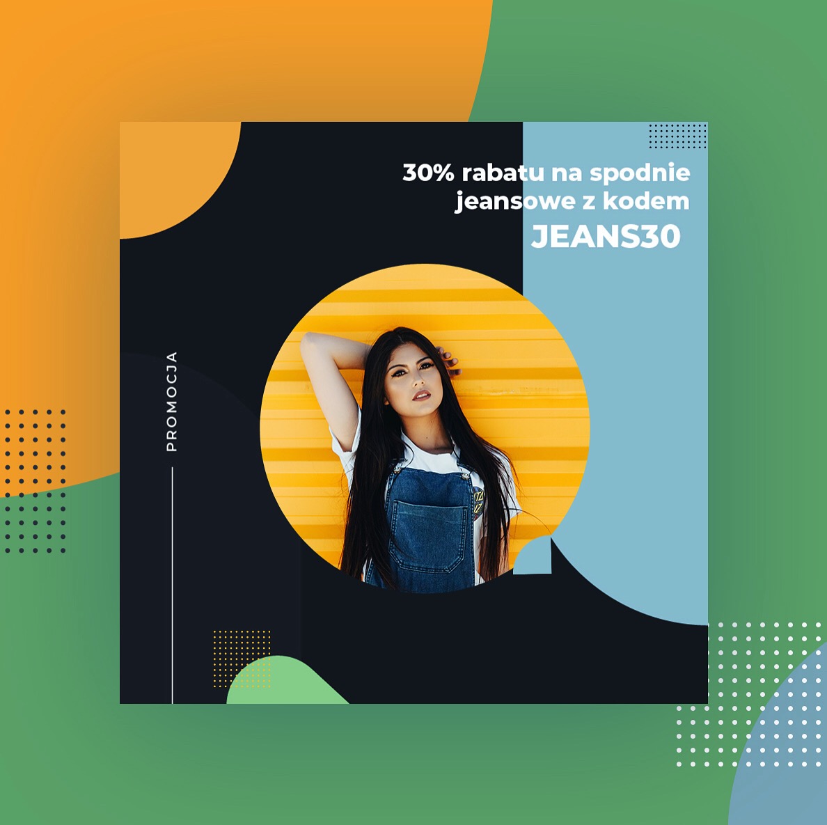 Promocja 30% rabatu na spodnie jeansowe z kodem JEANS30, modelka oparta o żółtą ścianę w dżinsowym kombinezonie na tle grafiki w kolorach pomarańczowym, zielonym i niebieskim.