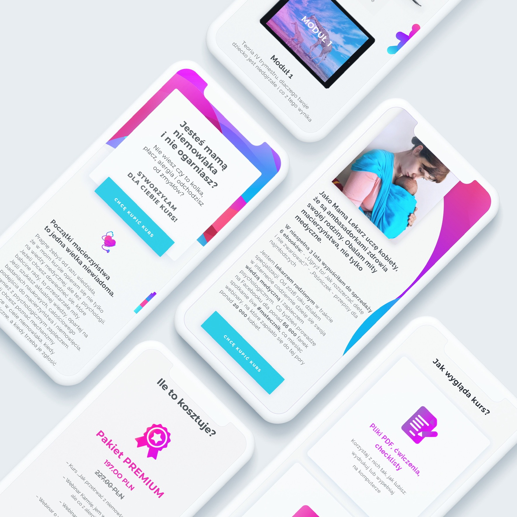 Seria ekranów smartfonów prezentujących ofertę kursu online dla matek, z informacjami o programie, cenie i korzyściach, utrzymana w pastelowej kolorystyce z motywami macierzyństwa.