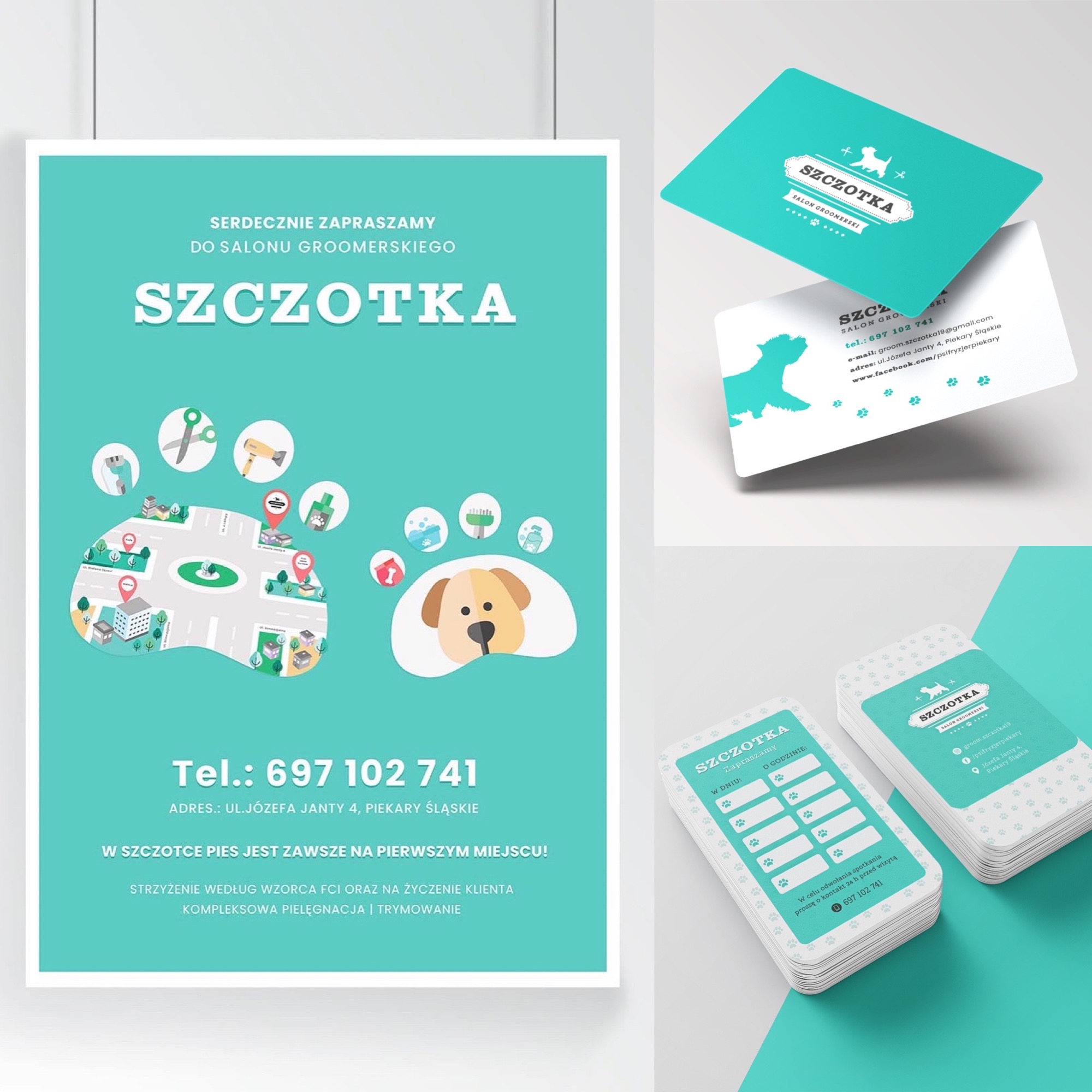 Zestaw materiałów reklamowych salonu groomerskiego 'Szczotka' w turkusowo-białej kolorystyce: plakat z mapą dojazdu i ofertą, wizytówki oraz karty rezerwacji wizyt.