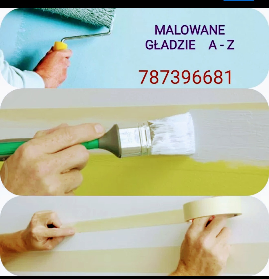 Montaż taśmy malarskiej na ścianie z paskami, malowanie pędzlem na żółtej ścianie i malowanie wałkiem na niebieskiej ścianie, zbliżenia na dłonie i narzędzia.