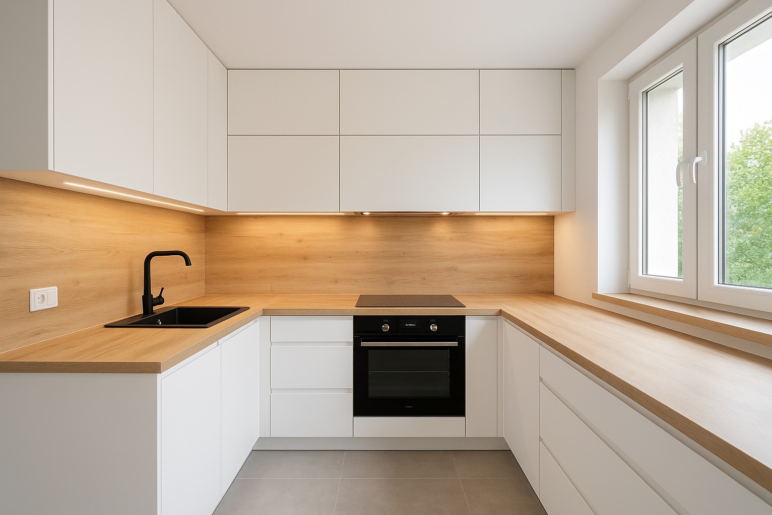 Nowoczesna kuchnia w kształcie litery U z białymi szafkami i blatem imitującym drewno, czarny zlew i piekarnik. Oświetlenie LED podkreśla ciepły odcień drewna.