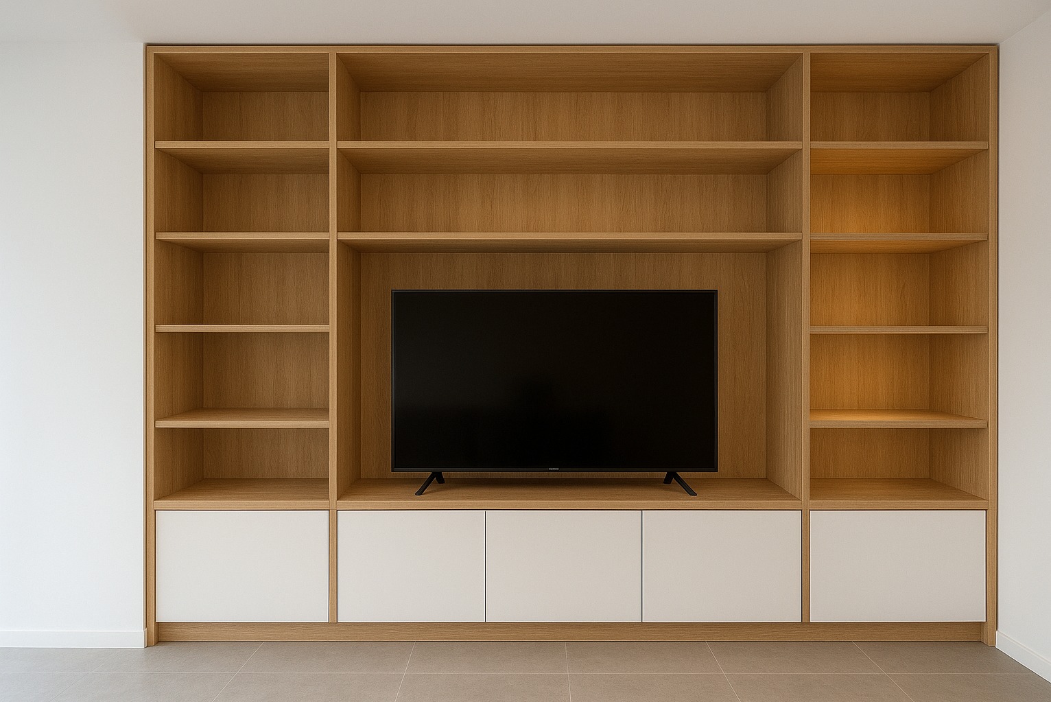 Drewniana szafa na wymiar z białymi frontami i miejscem na telewizor. Minimalistyczny design, jasne drewno i proste linie. Nowoczesne meble do salonu.