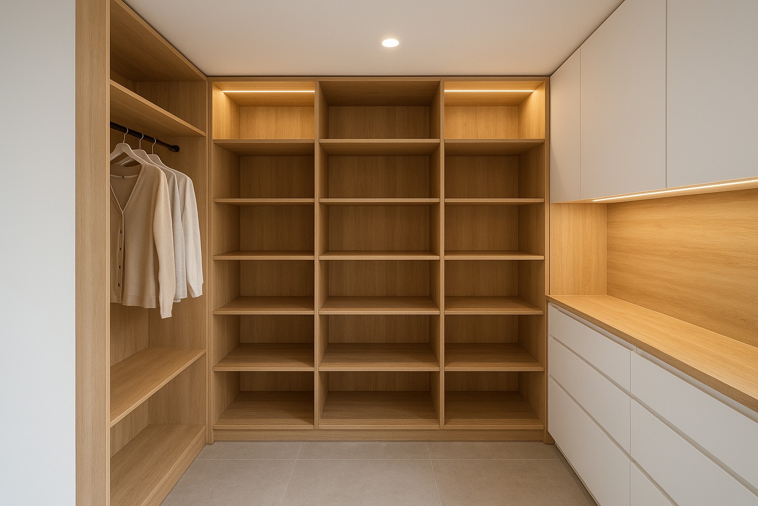 Jasna, drewniana szafa wnękowa z oświetleniem LED, z ubraniami na wieszakach i białymi szufladami. Minimalistyczny design, neutralna kolorystyka.