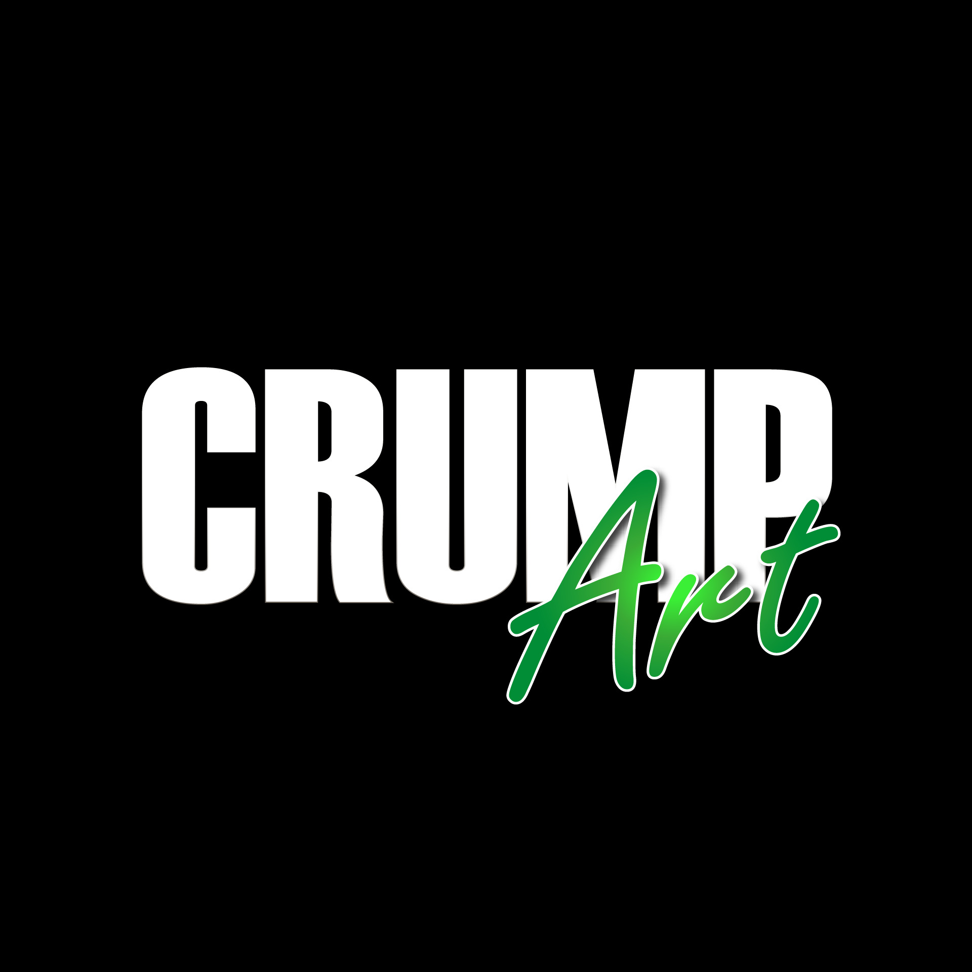 Logo firmy CRUMP Art na czarnym tle, z napisem CRUMP w kolorze białym i Art w kolorze zielonym z obrysem, pisane ozdobną czcionką.
